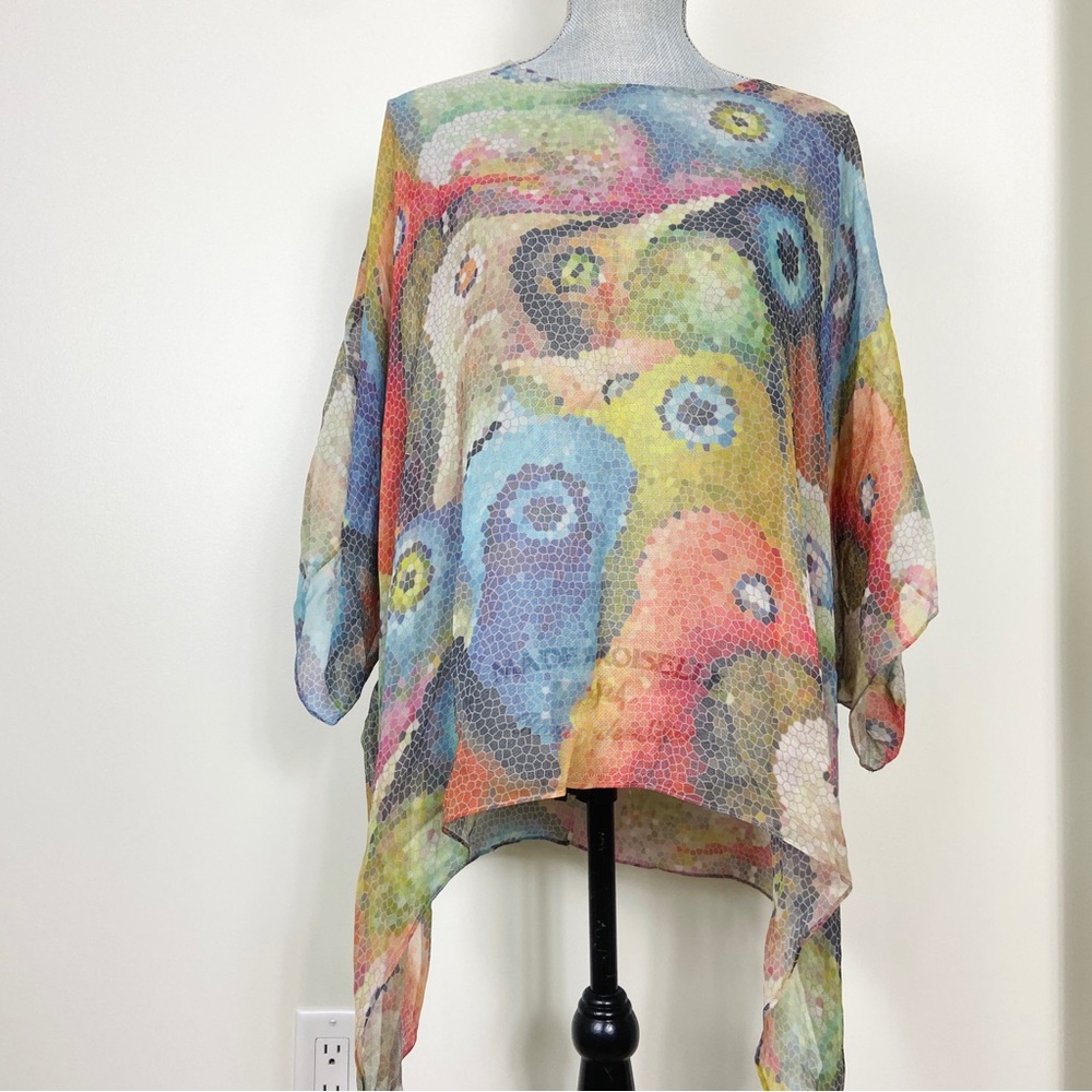 100% Silk  Abstract Art-to-Wear – Boho Feminine Sheer Vacation Summer Top - Picture 10 of 14